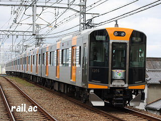 「阪神なんば線開通」ヘッドマークを掲出している阪神1000系
